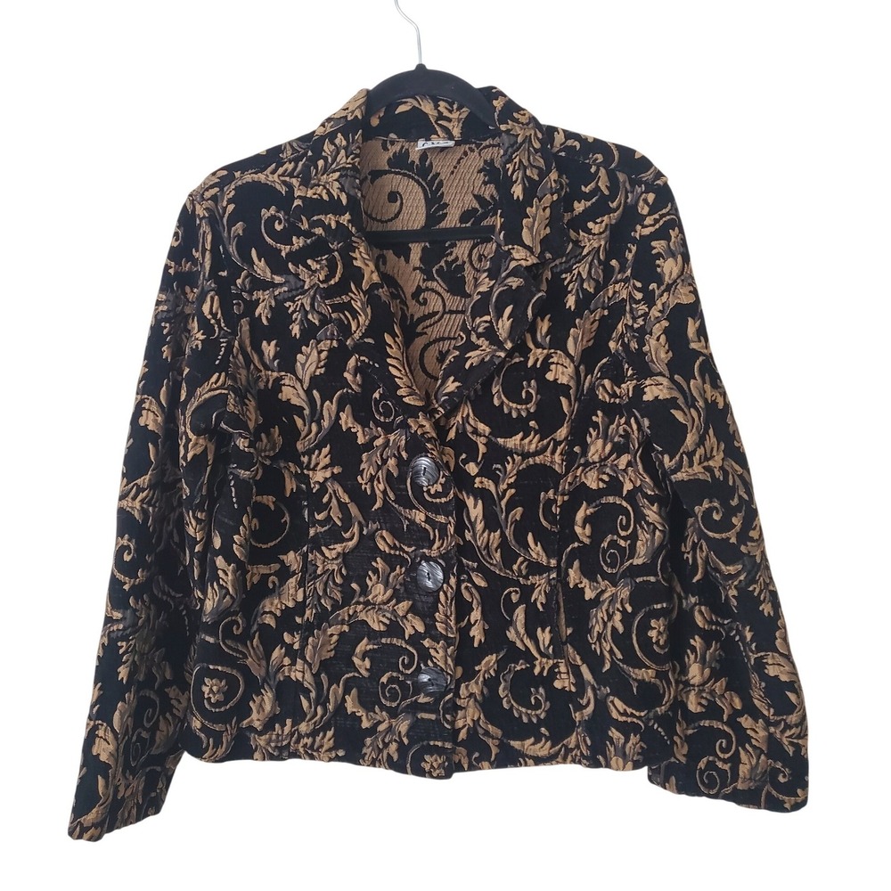 CMC Gold Black Damask Tapestry Blazer Jacket Womens Medium Pockets Unique Button